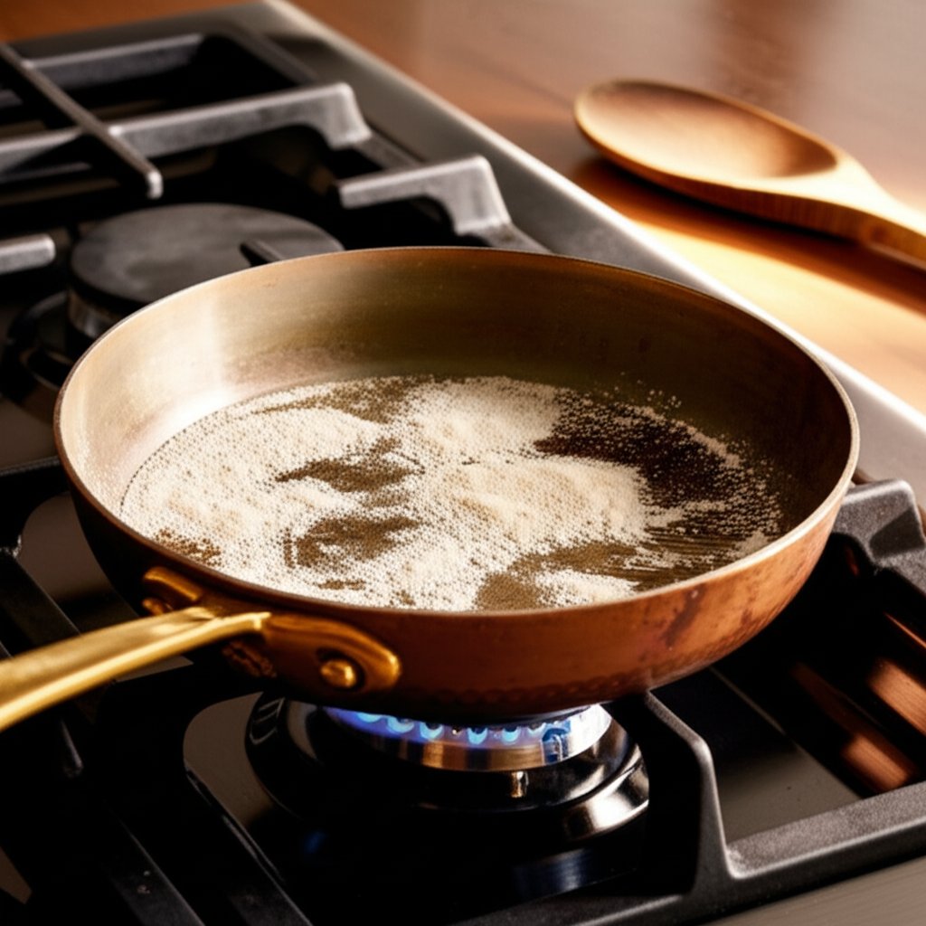 testing heat distribution in a copper frying pan using flour on a home stove