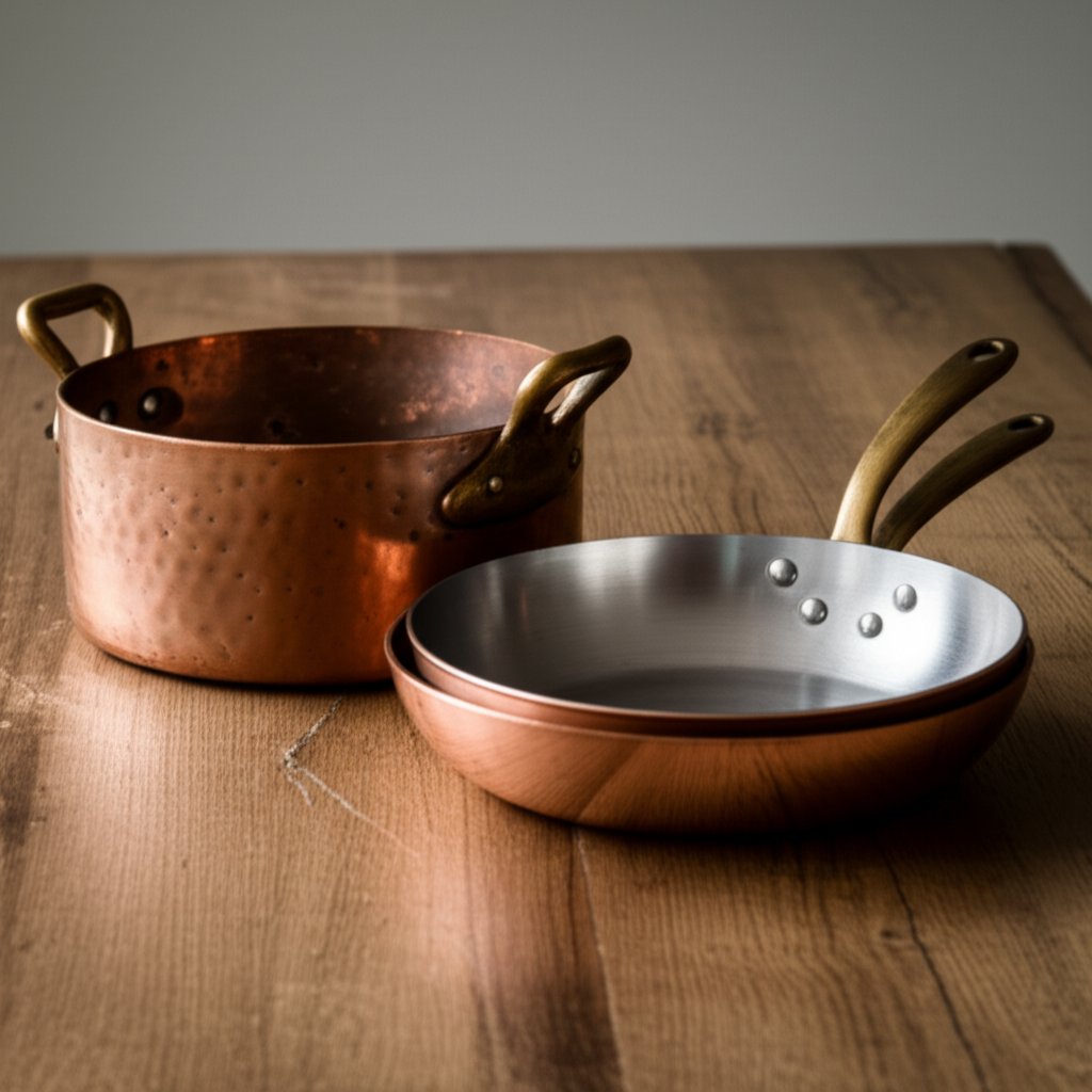 vintage and modern copper pans side by side symbolizing longevity and heirloom value