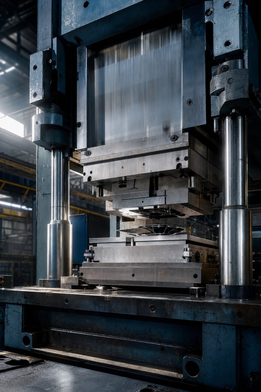 info-1-1 a hydraulic press delivering controlled tonnage through a custom stamping die into sheet metal