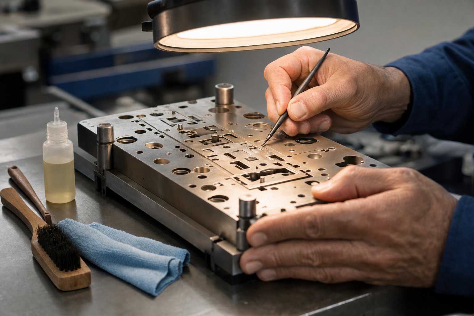 info-1-1 a toolmaker inspecting a stamping die face during routine maintenance to extend service life