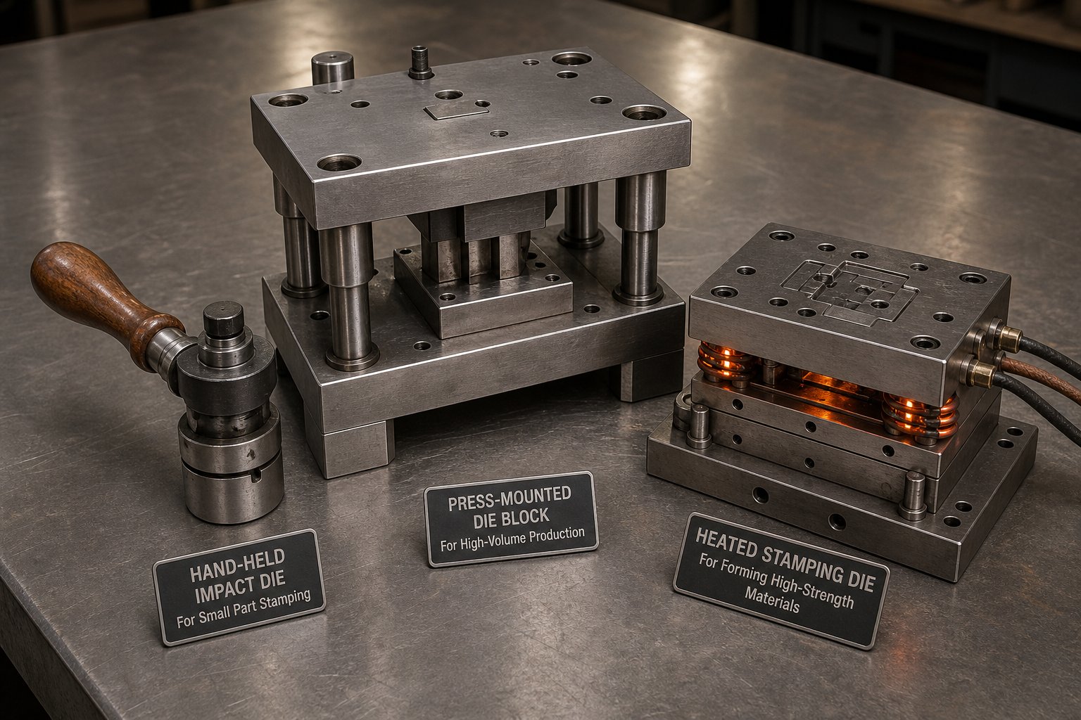 info-1-1 different types of custom stamping dies including impact press mounted and heated configurations