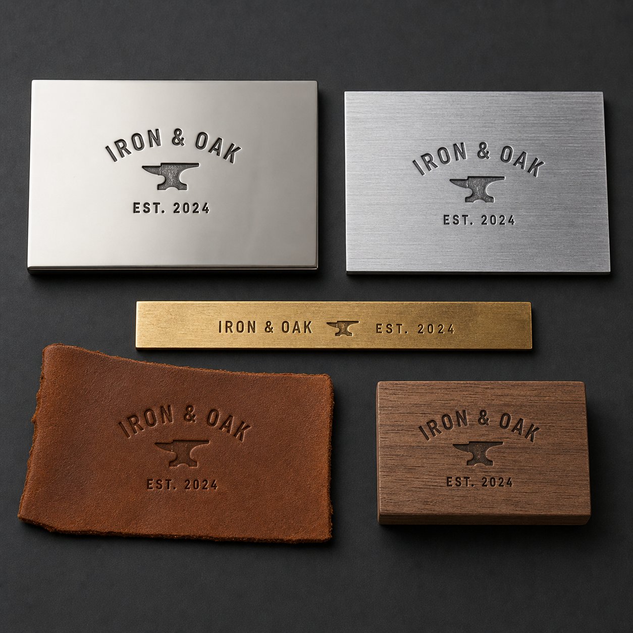 info-1-1 various substrate materials showing stamped impressions including stainless steel aluminum brass leather and wood