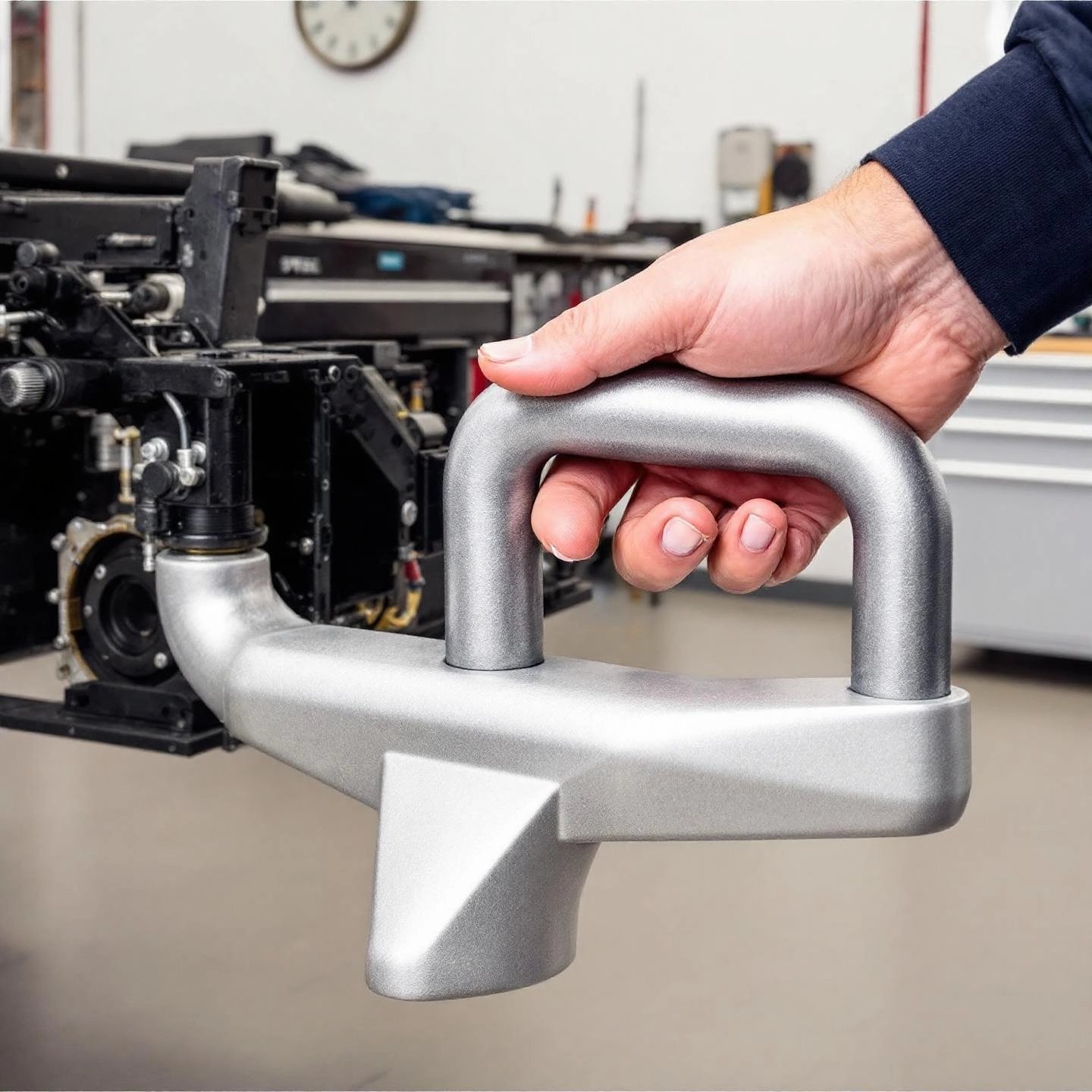 effortless handling of a lightweight aluminum tow hitch in a clean garage