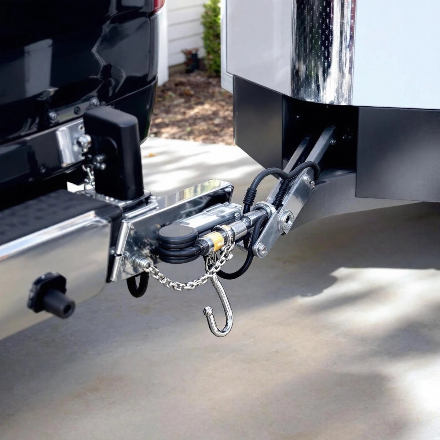 polished aluminum tow hitch connecting a modern truck and trailer showcasing strength and style