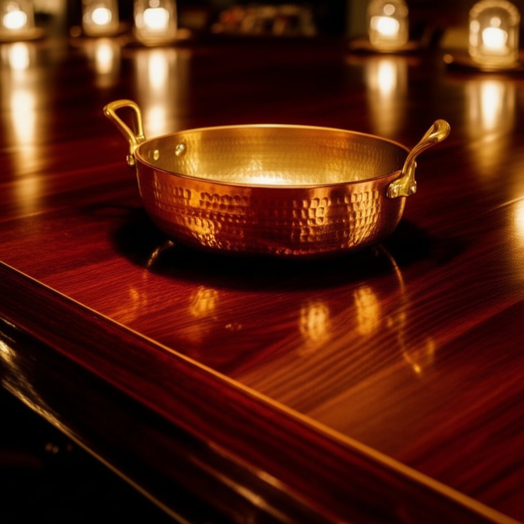 hand hammered copper pan presented as a table showpiece
