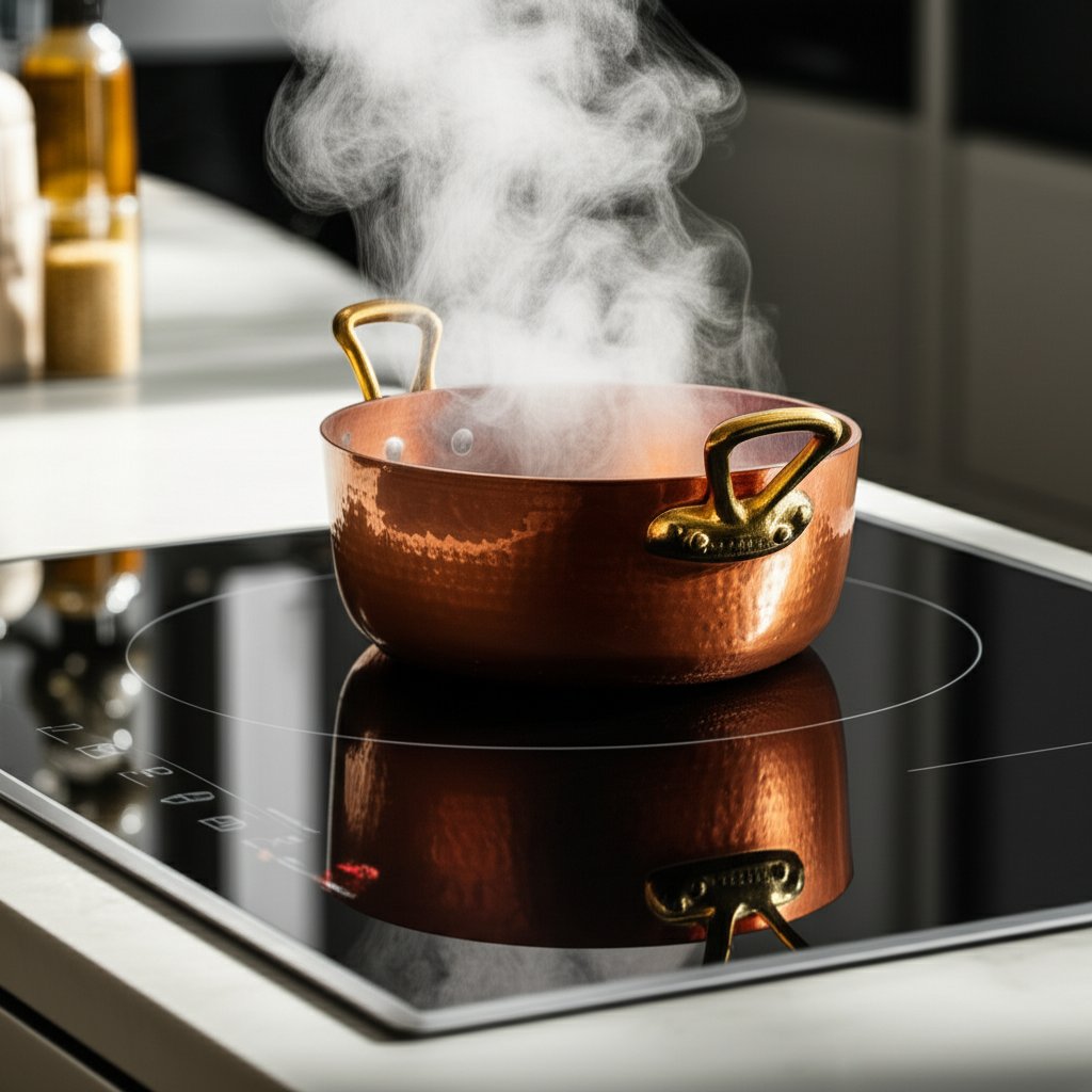 induction ready copper pan in action on a modern cooktop