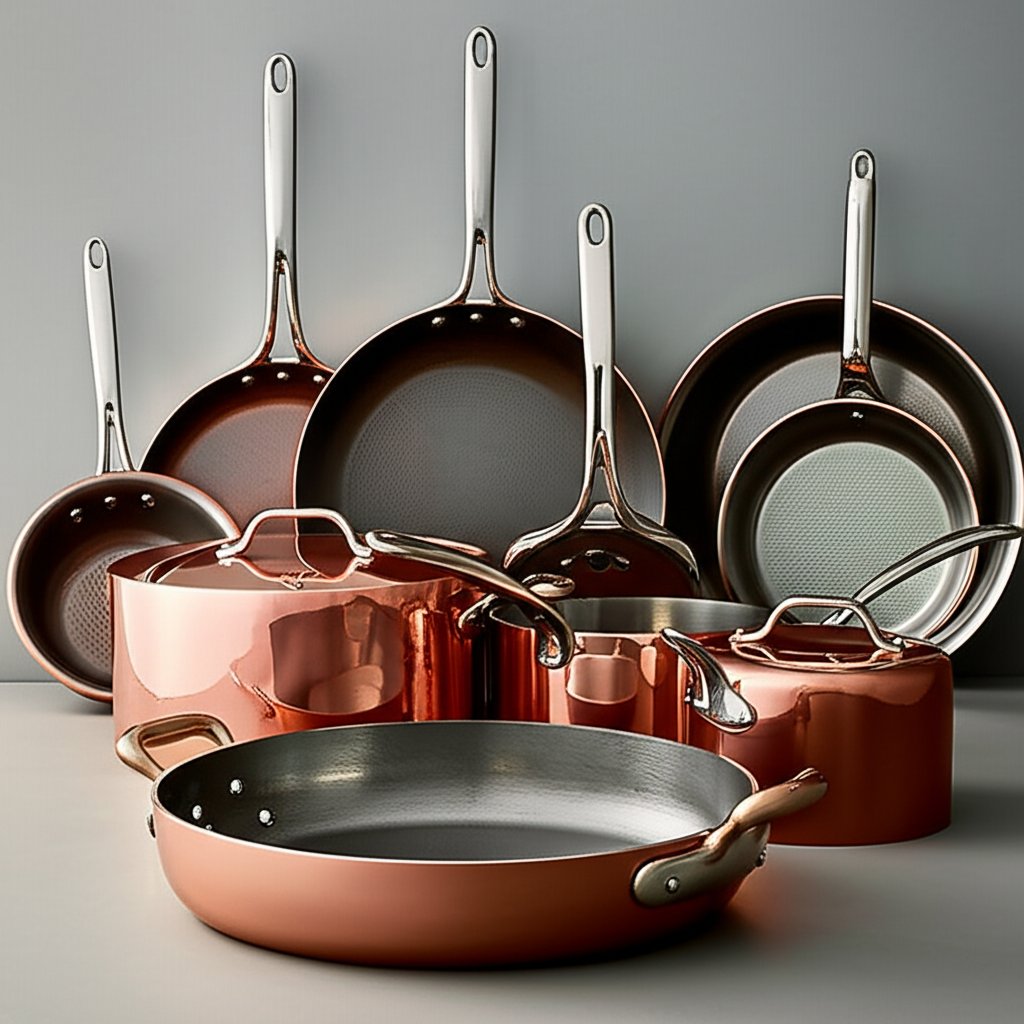 various copper pans compared side by side for easy selection