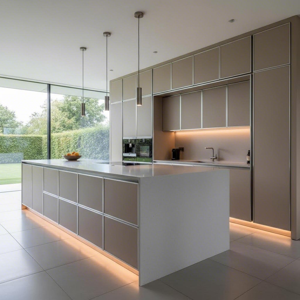 aluminum trim enhances modern kitchen cabinetry with durable edge protection