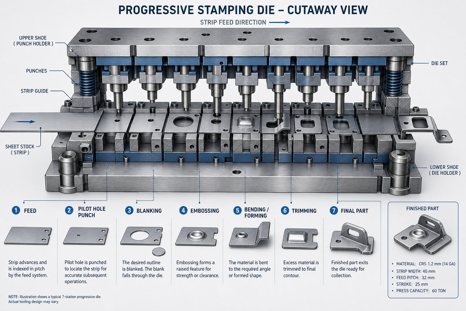 info-1-1 a progressive stamping die with multiple sequential stations transforming a flat metal strip into a finished part