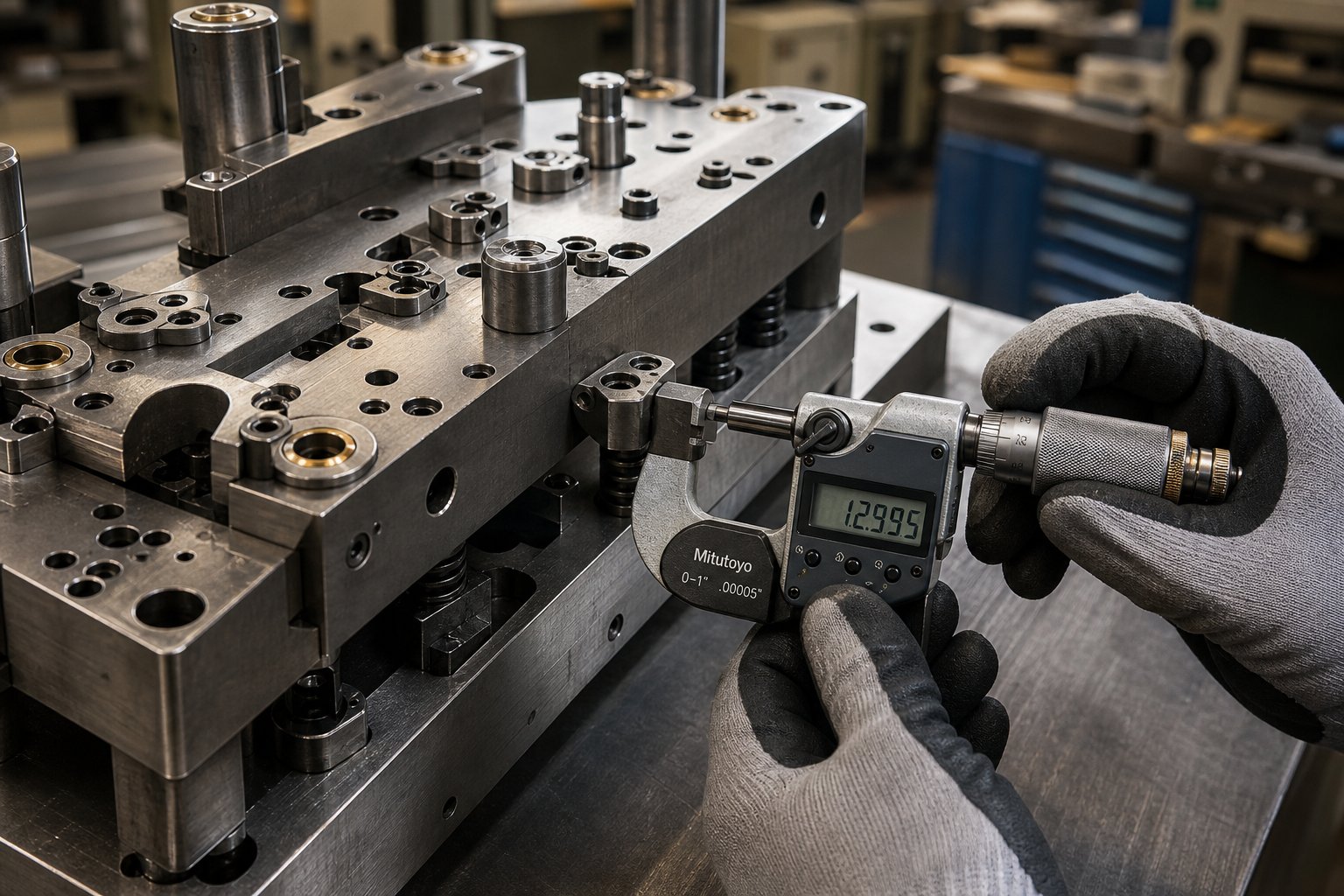 info-1-1 close up inspection of a progressive die tool showing the precision engineering behind wholesale stamping cost structures
