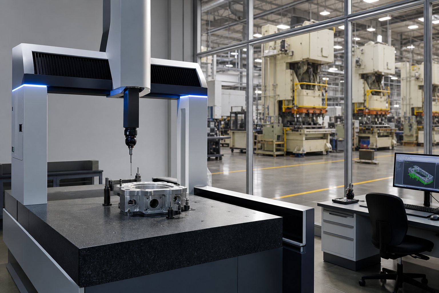 info-1-1 quality control area in a progressive die stamping factory with cmm measurement equipment and production presses