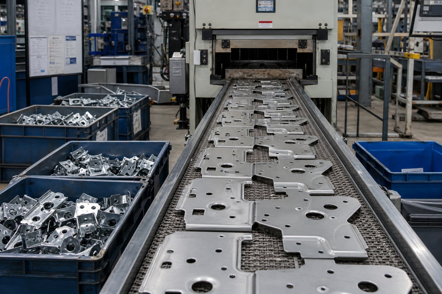 info-1-1 stamped metal components moving through integrated secondary operations at a wholesale production facility