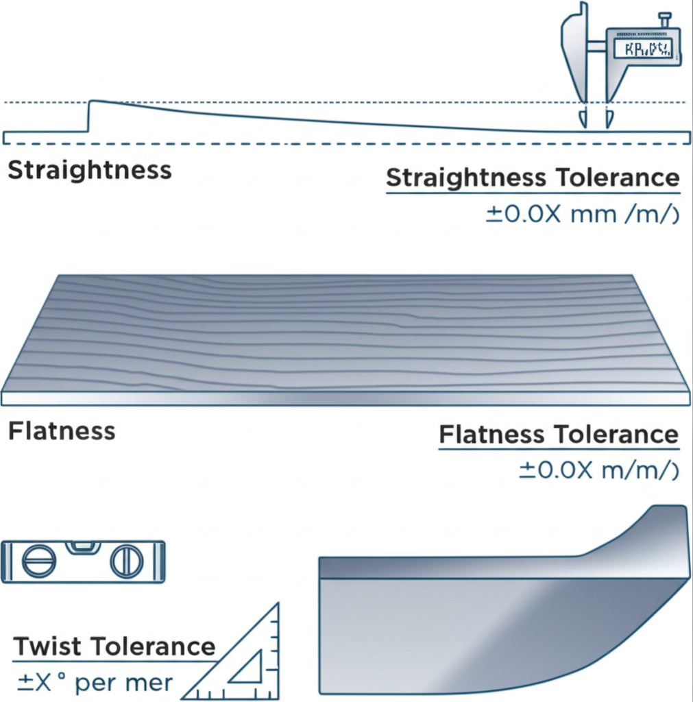 key dimensional tolerances such as straightness flatness and twist defined by industry standards