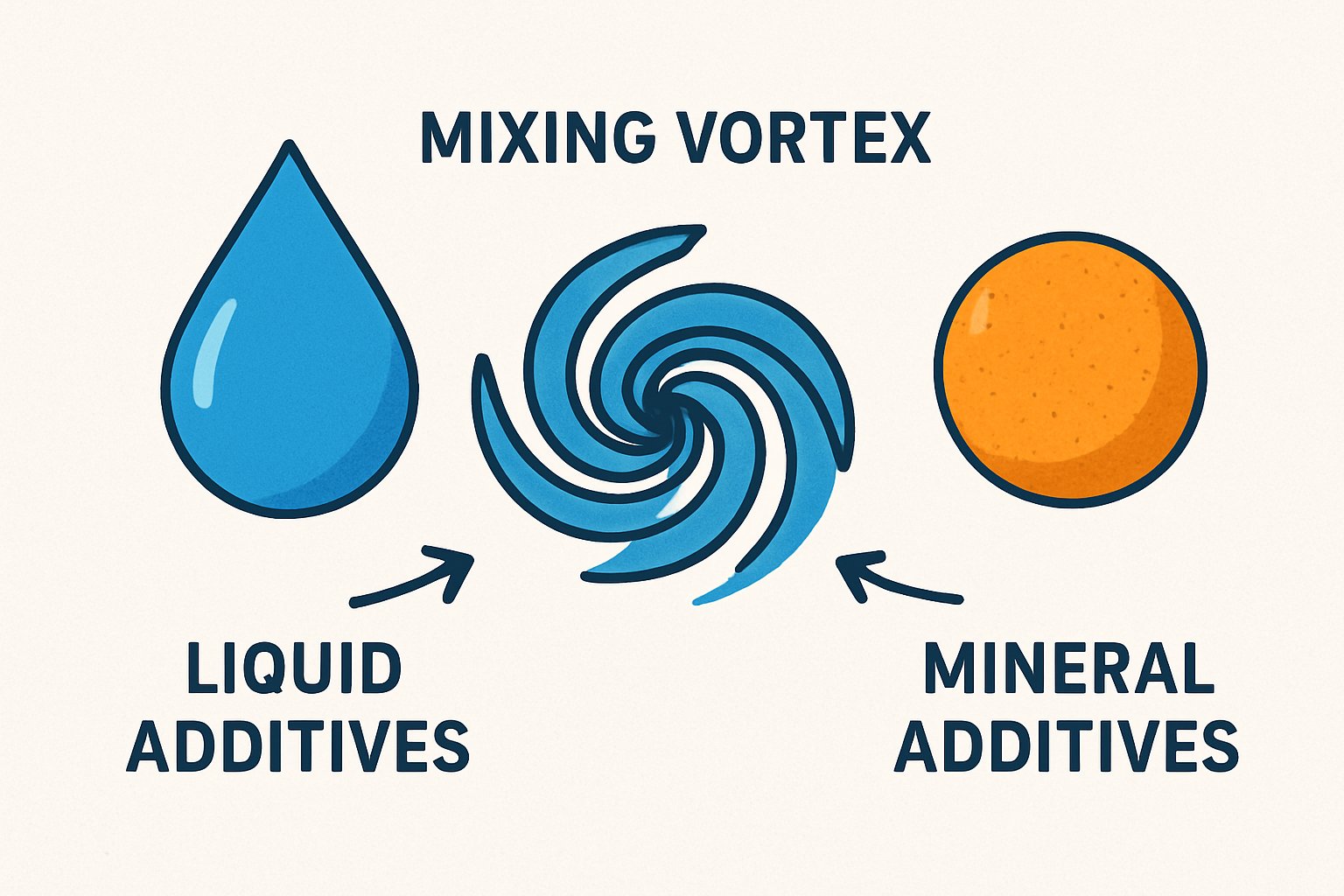 Conceptual diagram comparing liquid chemical additives and solid mineral powders