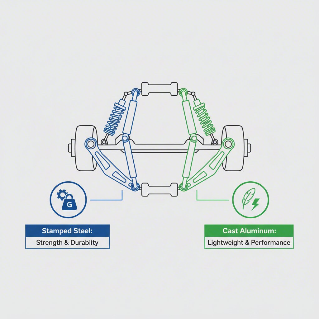 diagram illustrating the key differences between steel and aluminum control arms in a suspension system