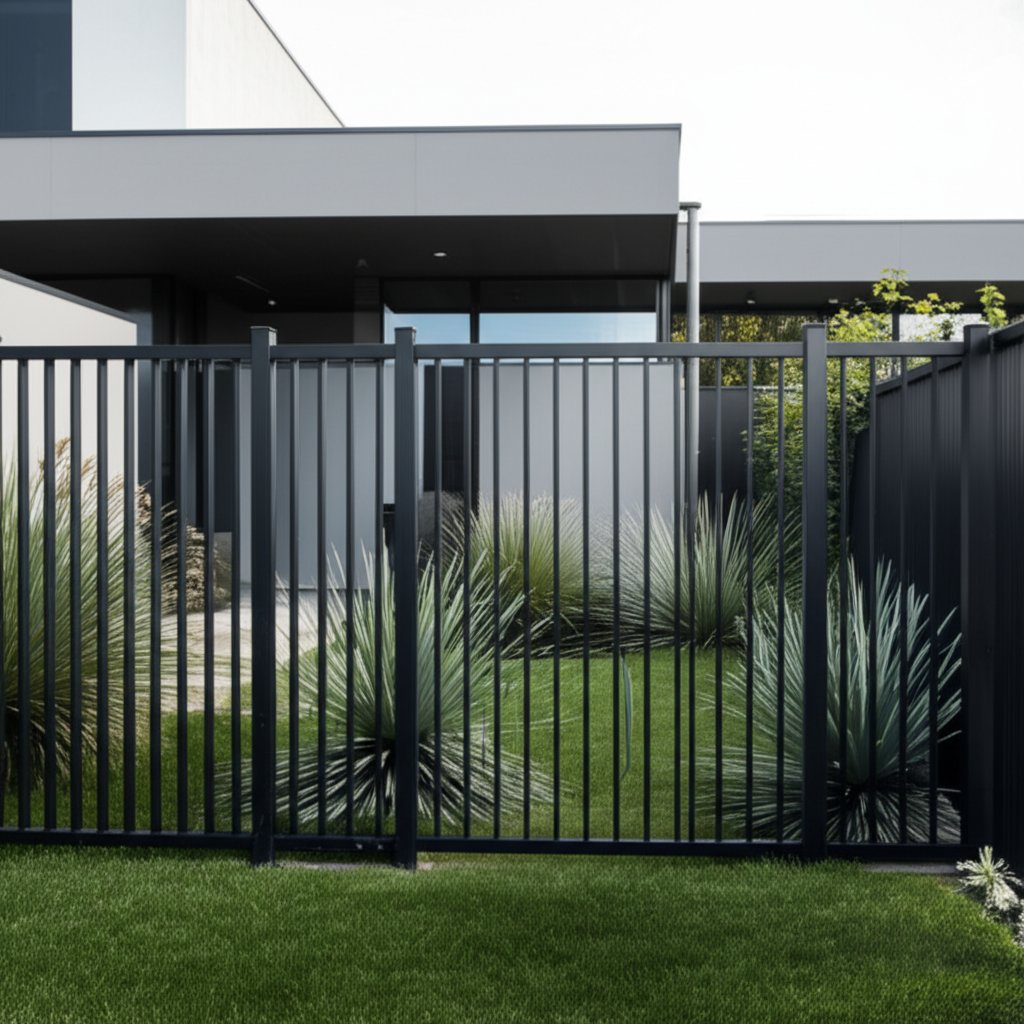 modern home with a black aluminum fence for style and security