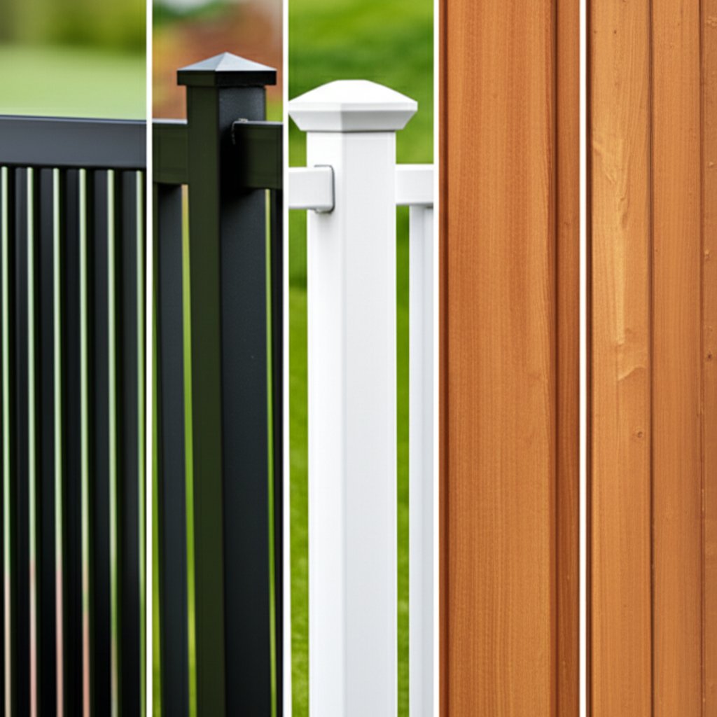 visual comparison of black aluminum vinyl wood steel and wrought iron fences