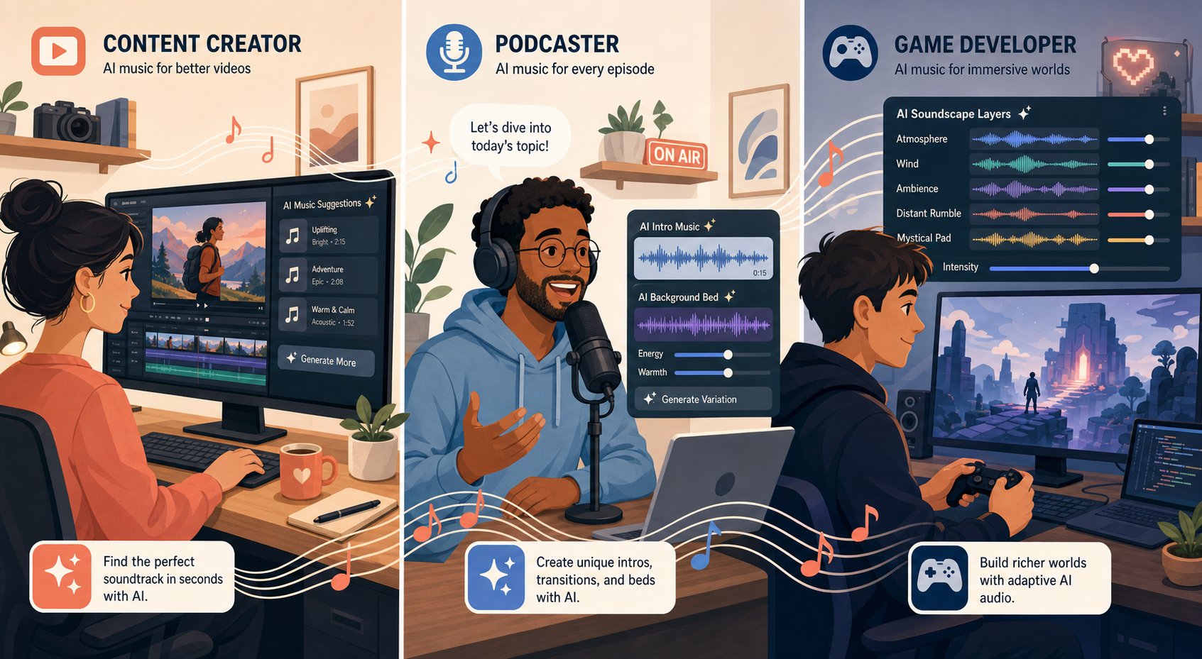 content creators podcasters game developers and musicians each benefit from ai music generation in distinct ways
