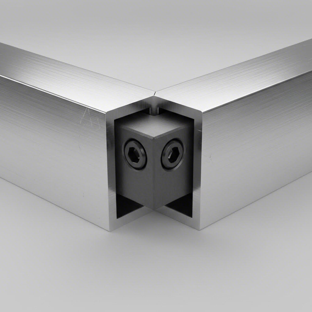 corner joint assembly detail featuring miter cuts and t slot connection hardware