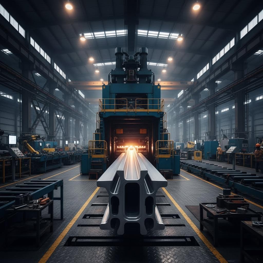 industrial aluminum extrusion manufacturing facility with production press equipment