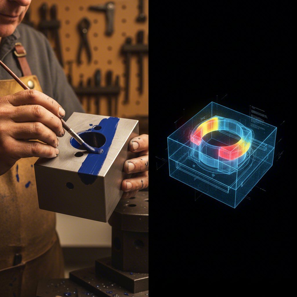 a comparison showing the evolution from traditional manual die spotting to modern digital simulation