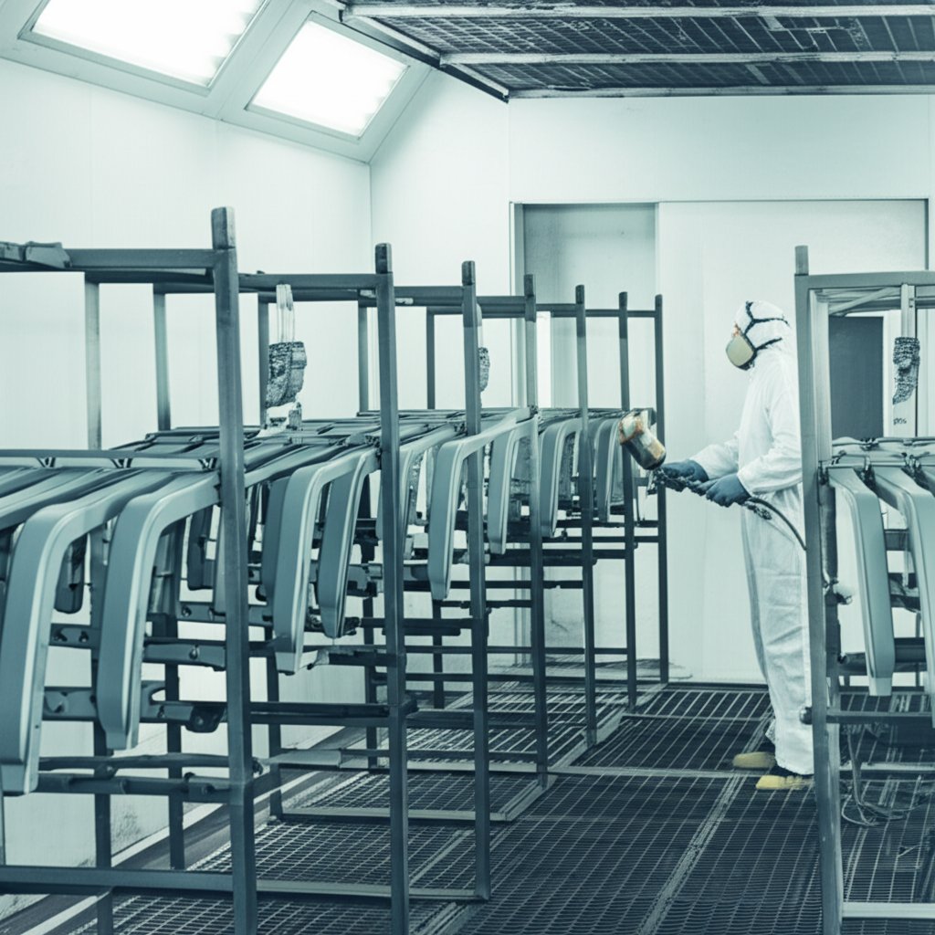 industrial spray booth coating automotive metal parts with a spray gun