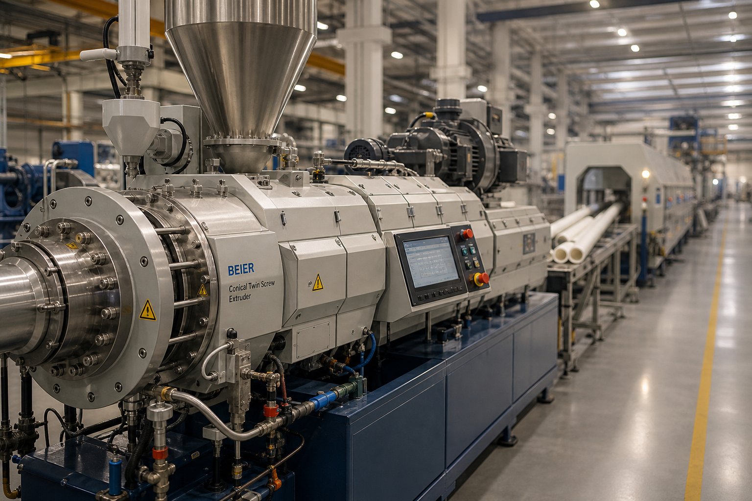 counter rotating conical twin screw extruder line producing pvc pipes in an industrial manufacturing environment