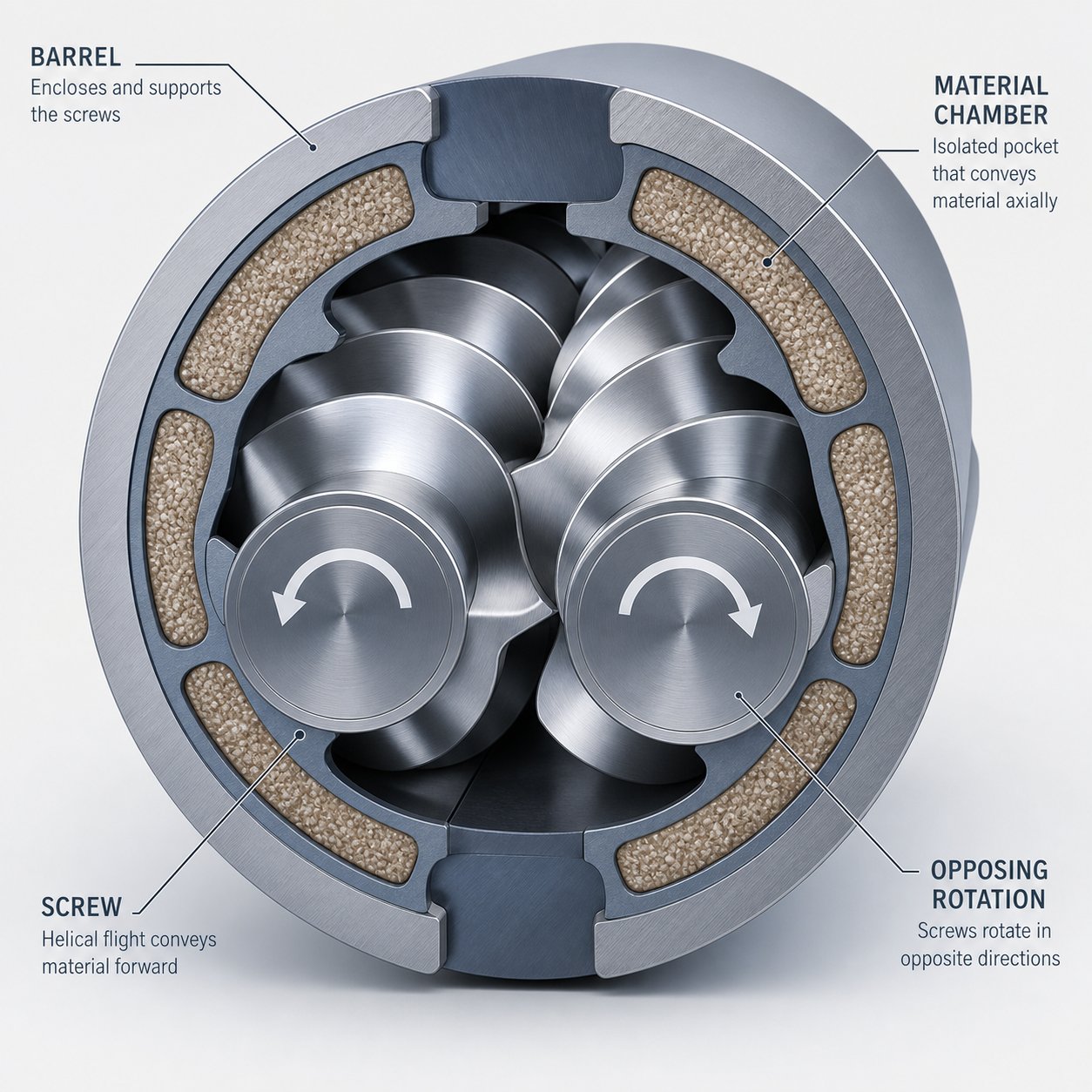 cross section view of counter rotating twin screws illustrating how opposing rotation forms isolated c shaped chambers for material transport