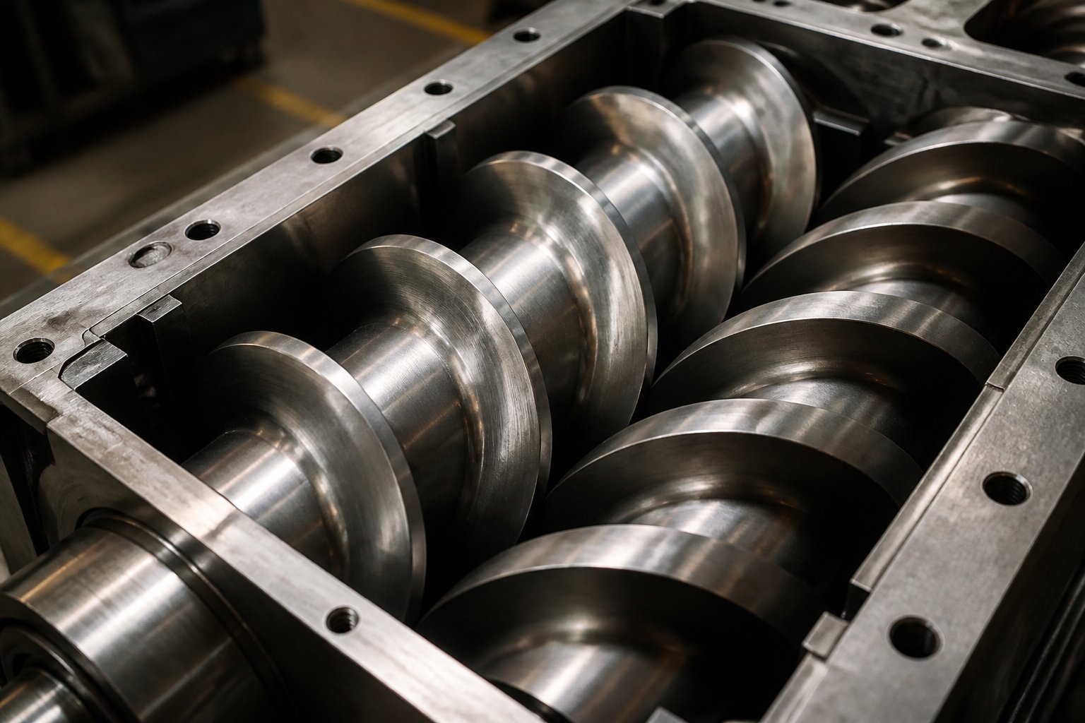 intermeshing counter rotating twin screws showing the opposing flight geometry that creates sealed c shaped chambers for positive displacement conveying