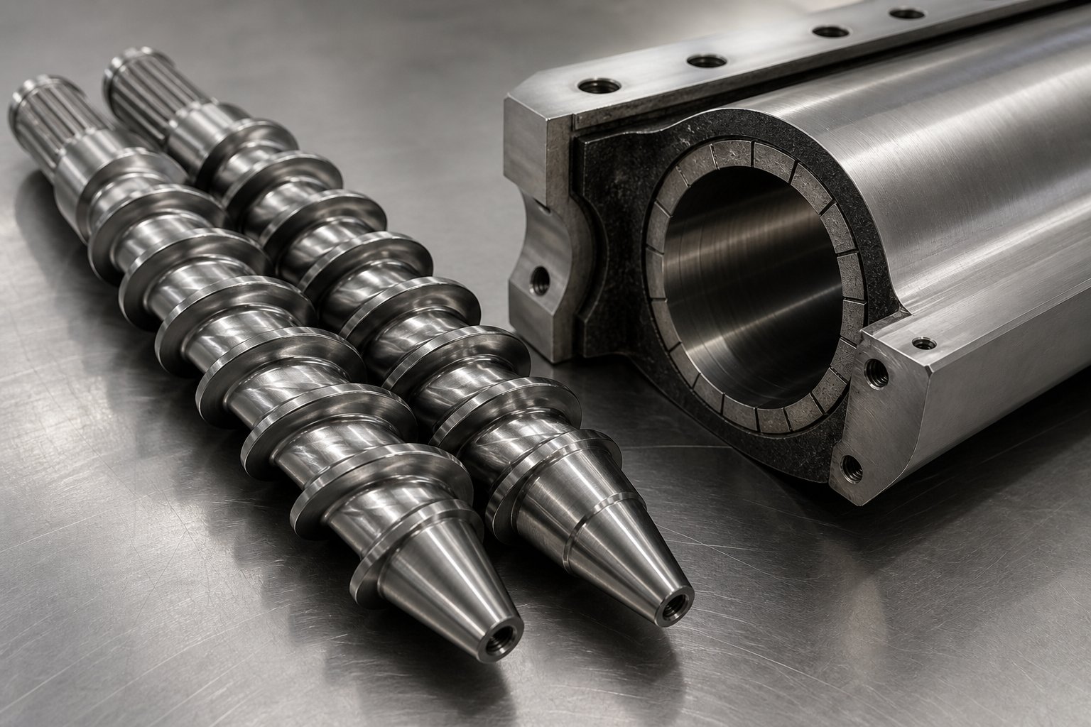 precision machined conical twin screw and barrel components ready for assembly in a counter rotating extruder system
