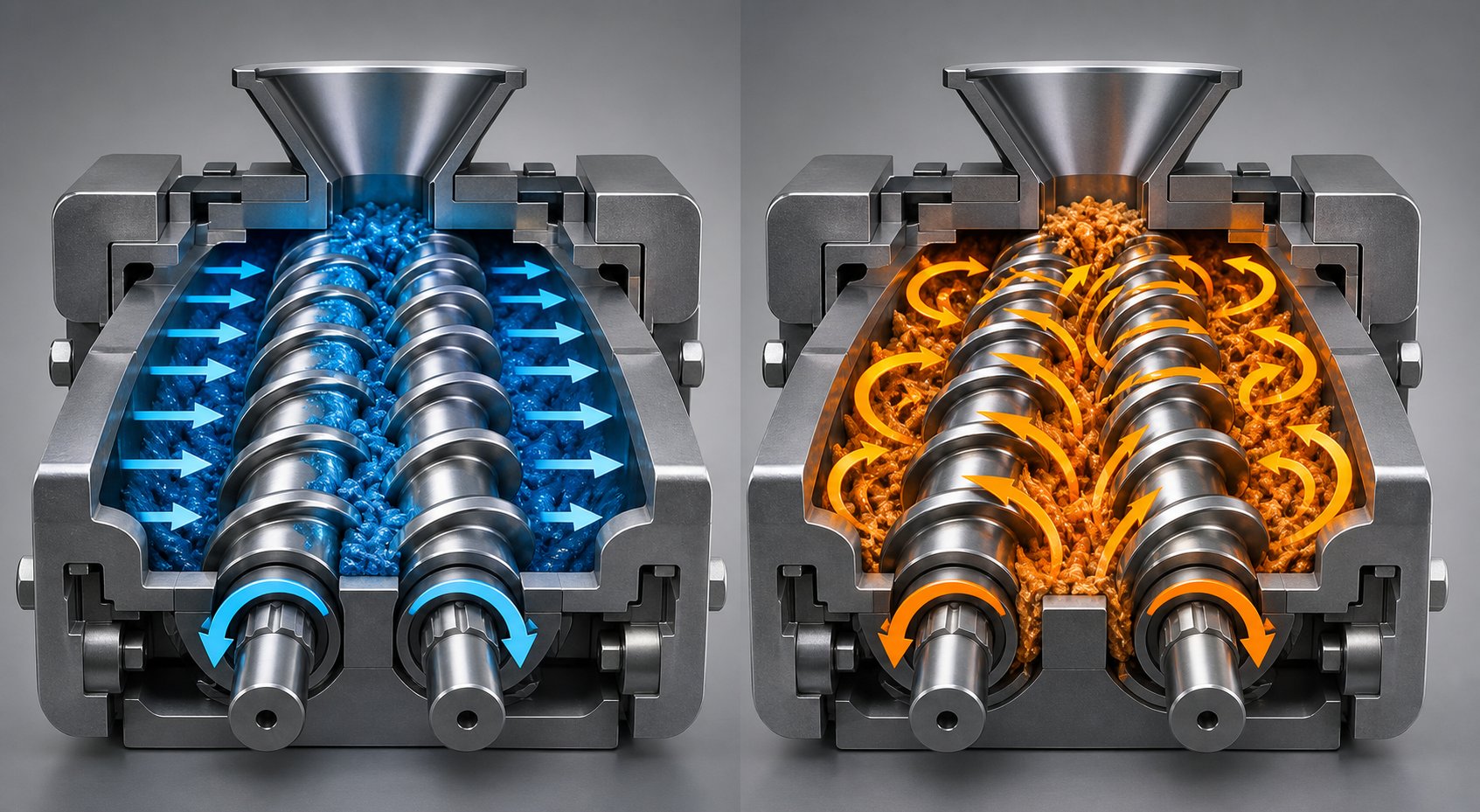 side by side comparison of counter rotating and co rotating twin screw configurations showing their distinct material flow behaviors