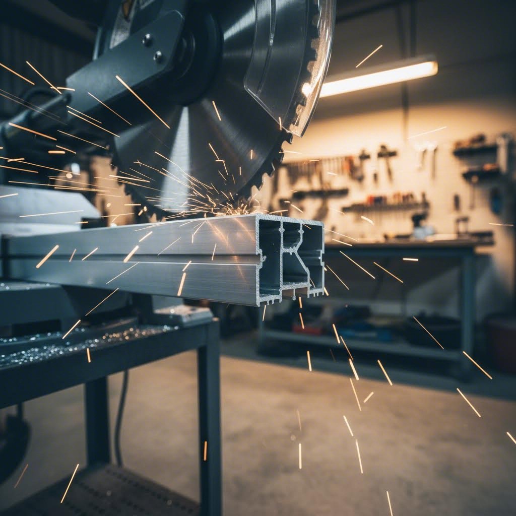 miter saw cutting aluminum extrusion with precision blade for burr free results