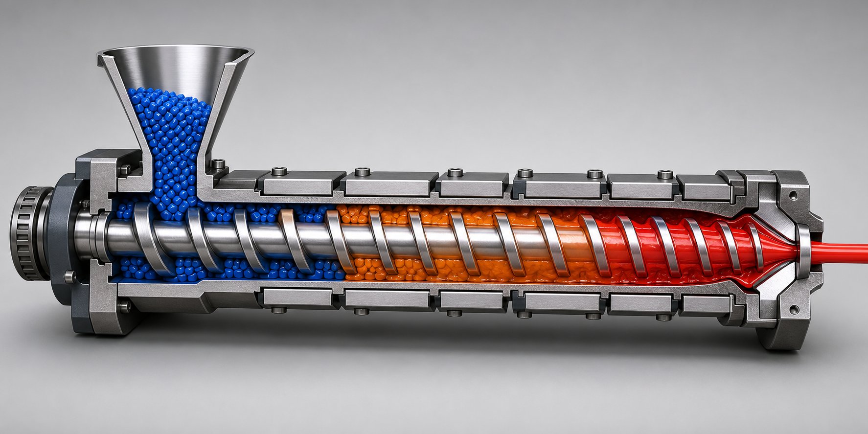cross section view of the three functional zones in a plastic extruder screw from feed to metering