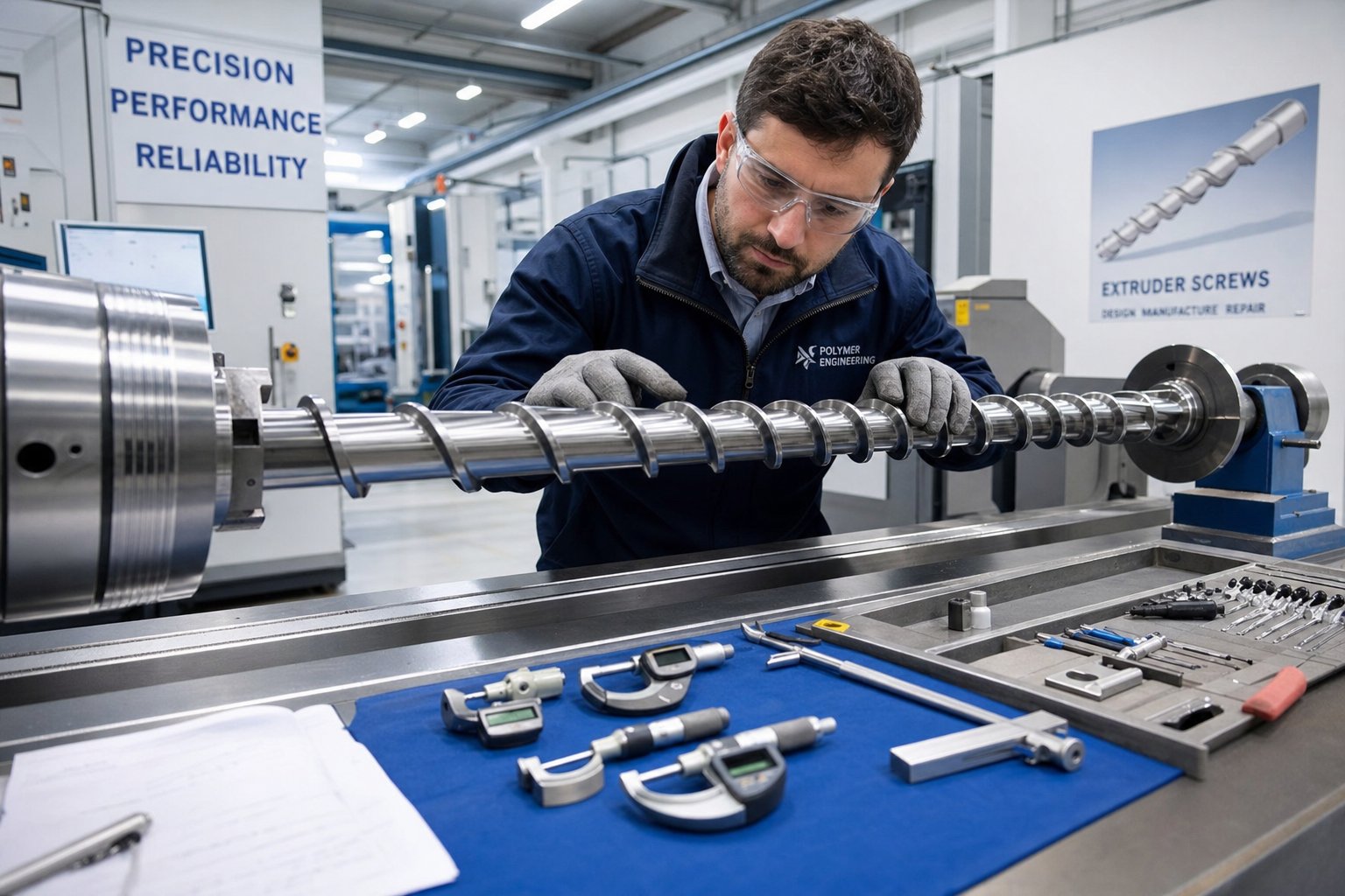 engineer inspecting a custom machined extruder screw for dimensional accuracy before shipment