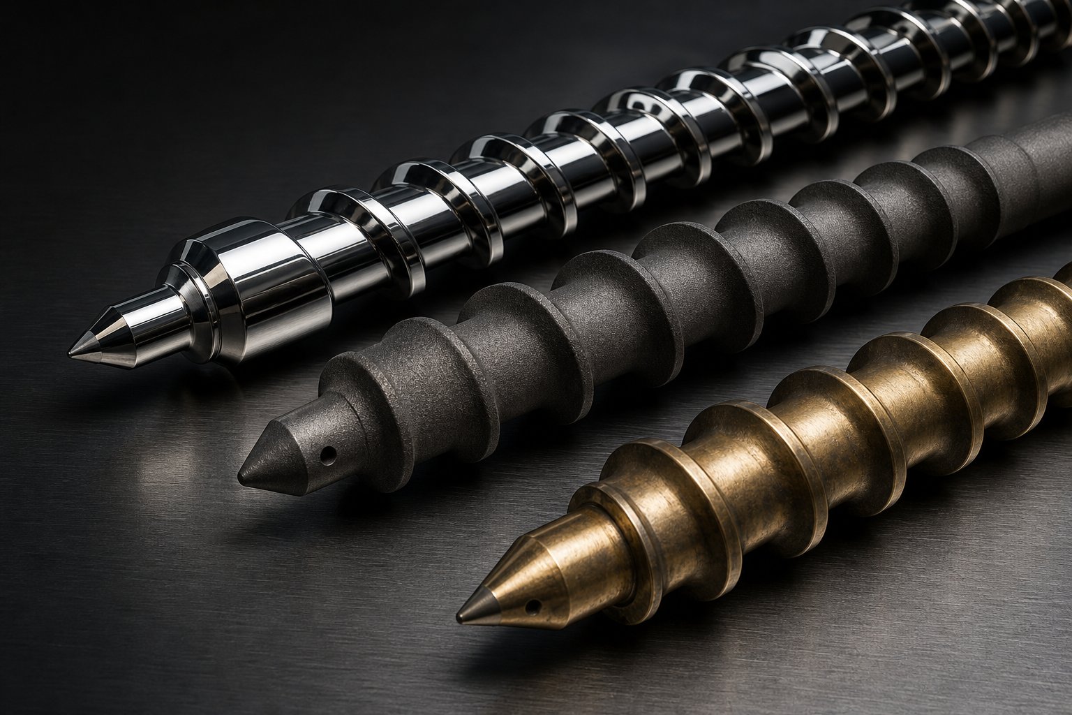 extruder screw segments with different surface treatments including chrome plating tungsten carbide and nitrided steel