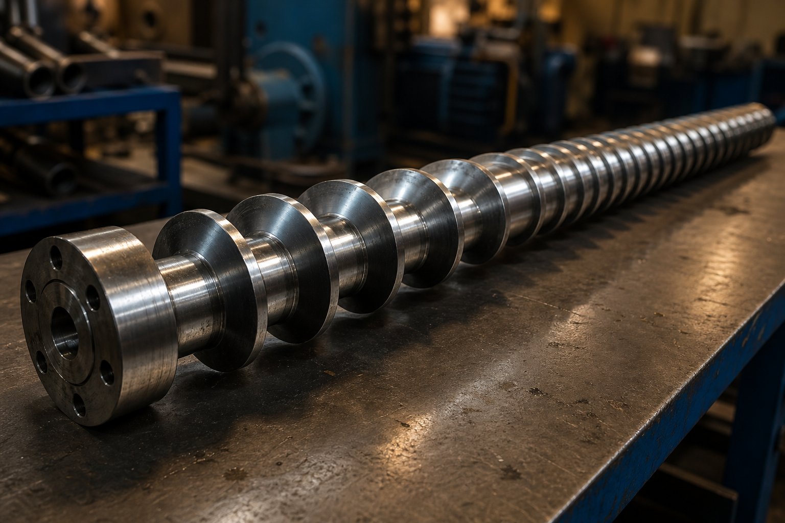 precision machined plastic extruder screw showing the helical flight geometry that controls polymer melting and output quality