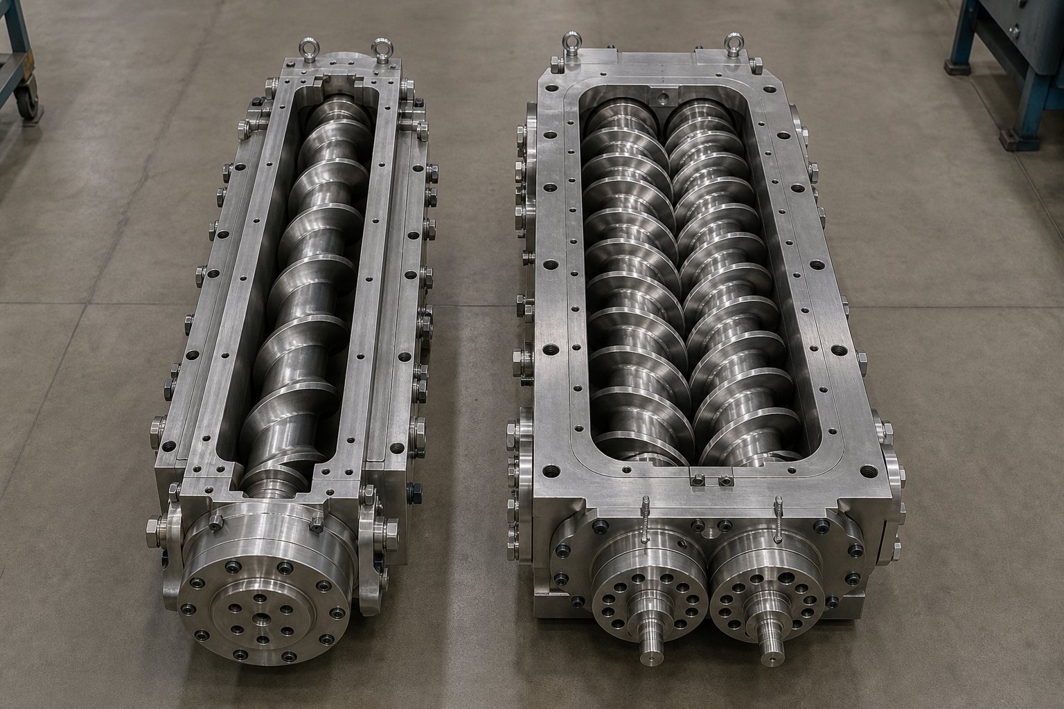 single screw and twin screw extruder configurations compared side by side in an industrial setting