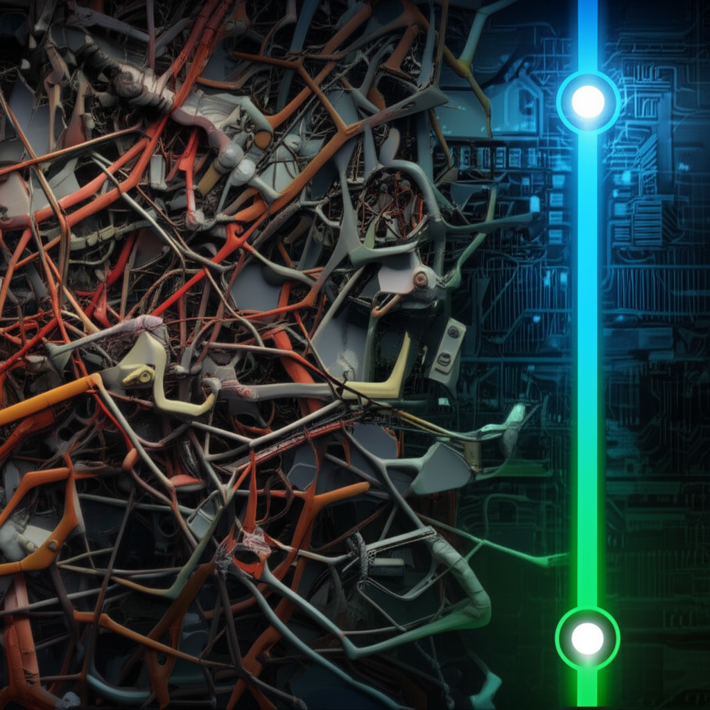 abstract comparison of a complex supply chain versus a streamlined integrated one