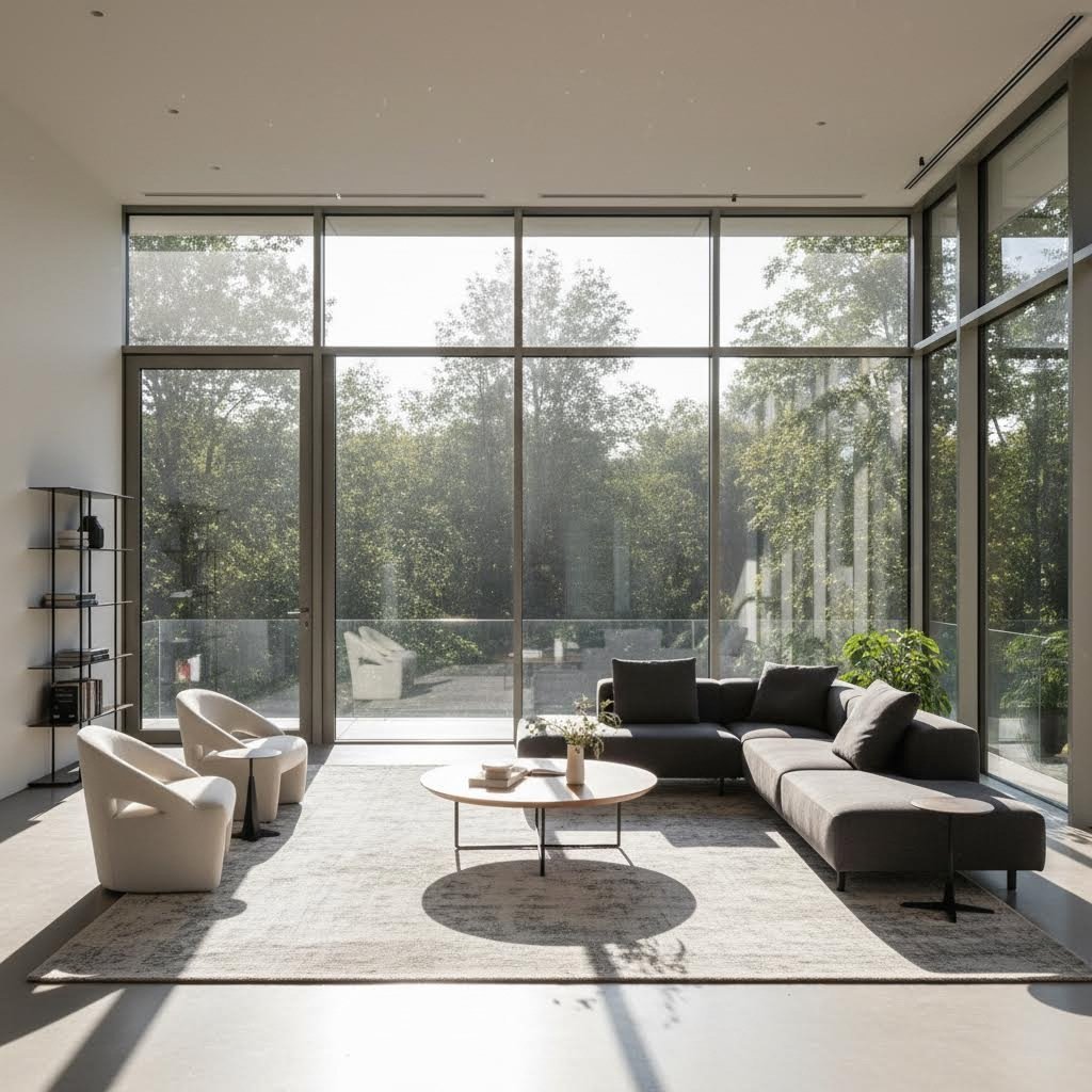 contemporary living space with aluminium windows and integrated ventilation
