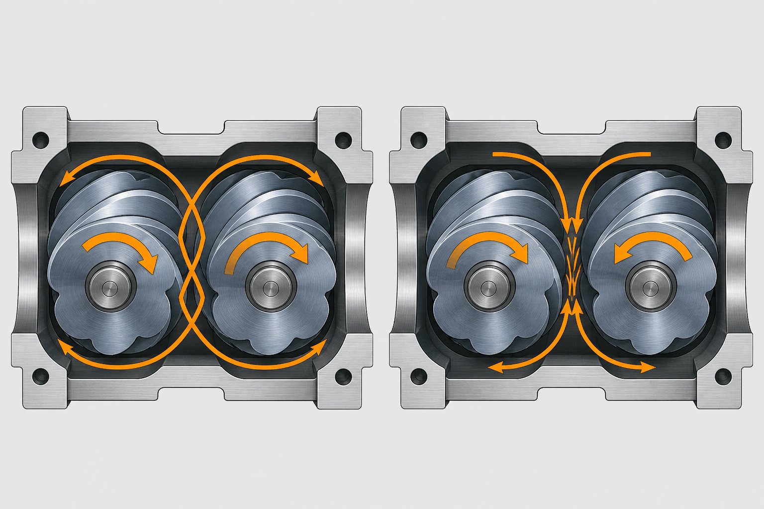 cross section comparison of co rotating and counter rotating twin screw configurations