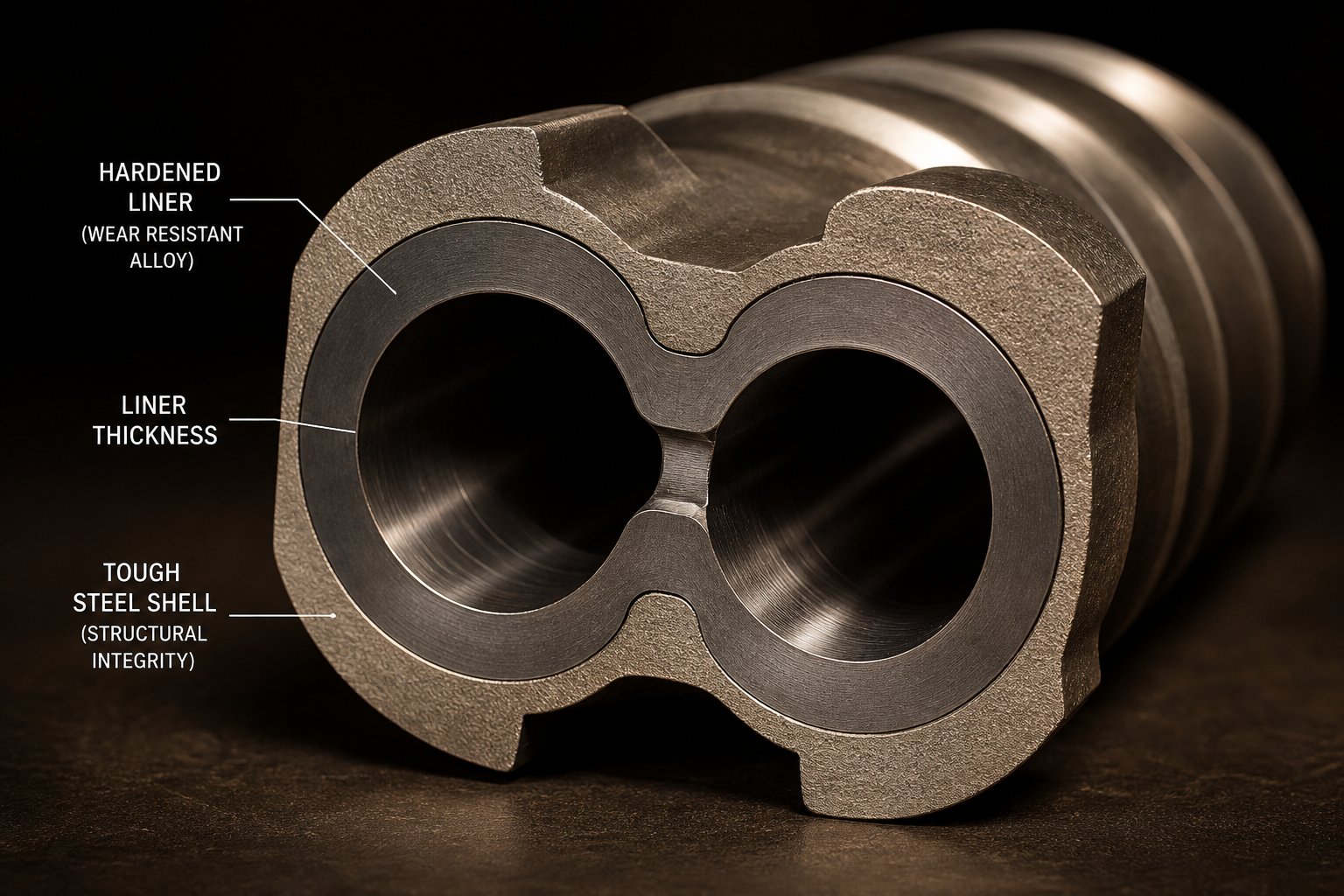 cross section of a bimetallic twin screw barrel showing the wear resistant liner and outer shell