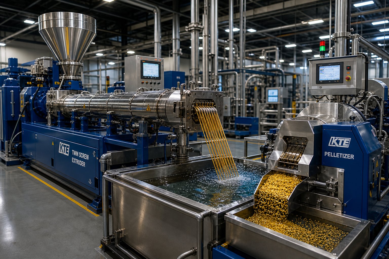 integrated compounding line from twin screw extruder die to strand pelletizing system