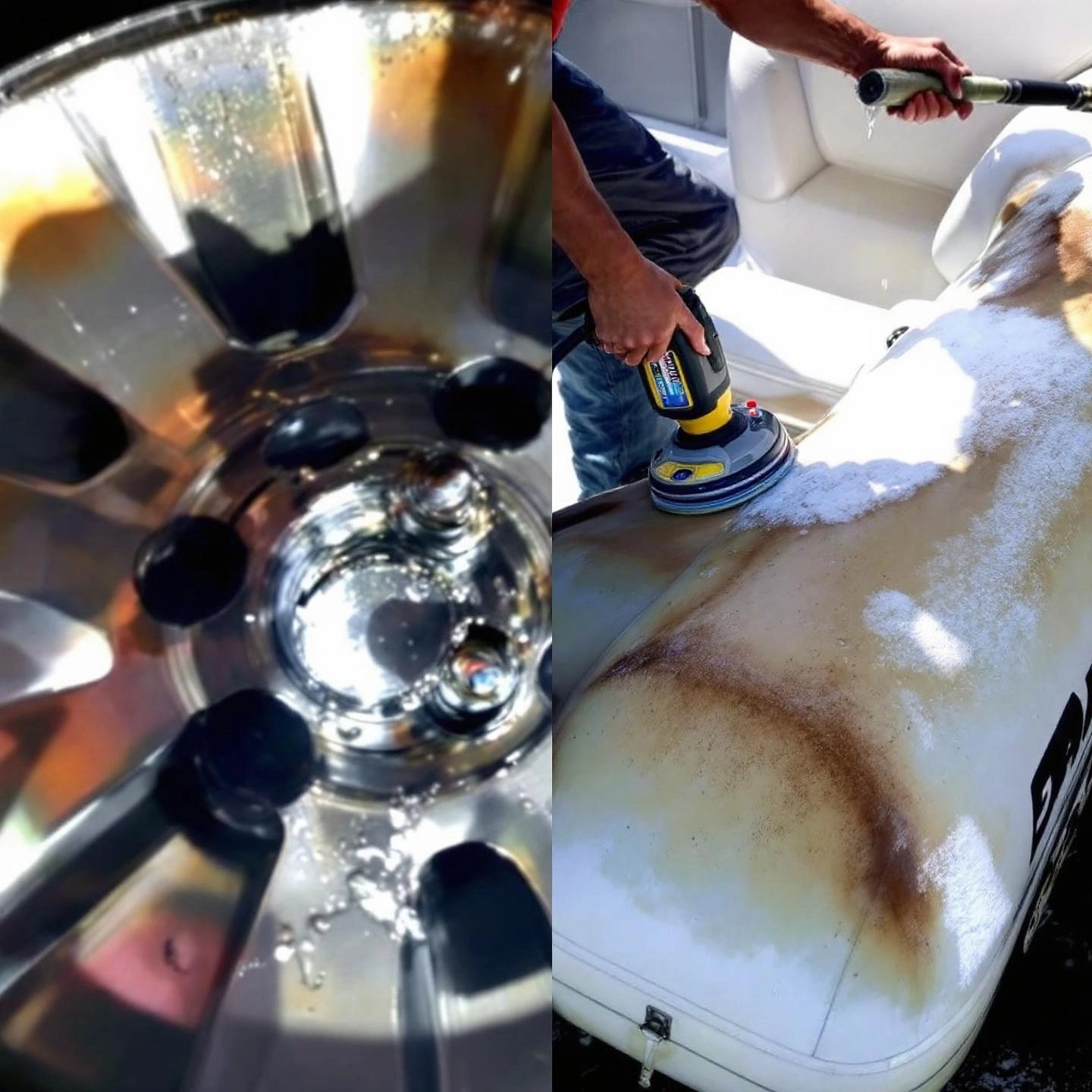 aluminum wheel and pontoon tube being cleaned with specialized brighteners