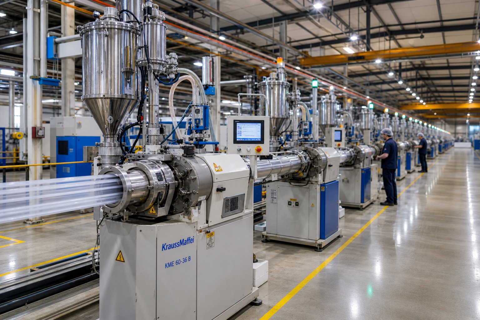 active extrusion production line where reliable screw and barrel components directly impact output quality and uptime