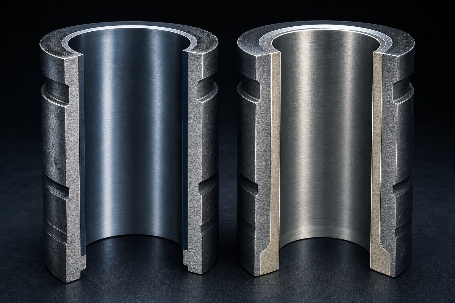 cross section comparison of nitrided steel versus bimetallic barrel construction showing protective layer thickness differences