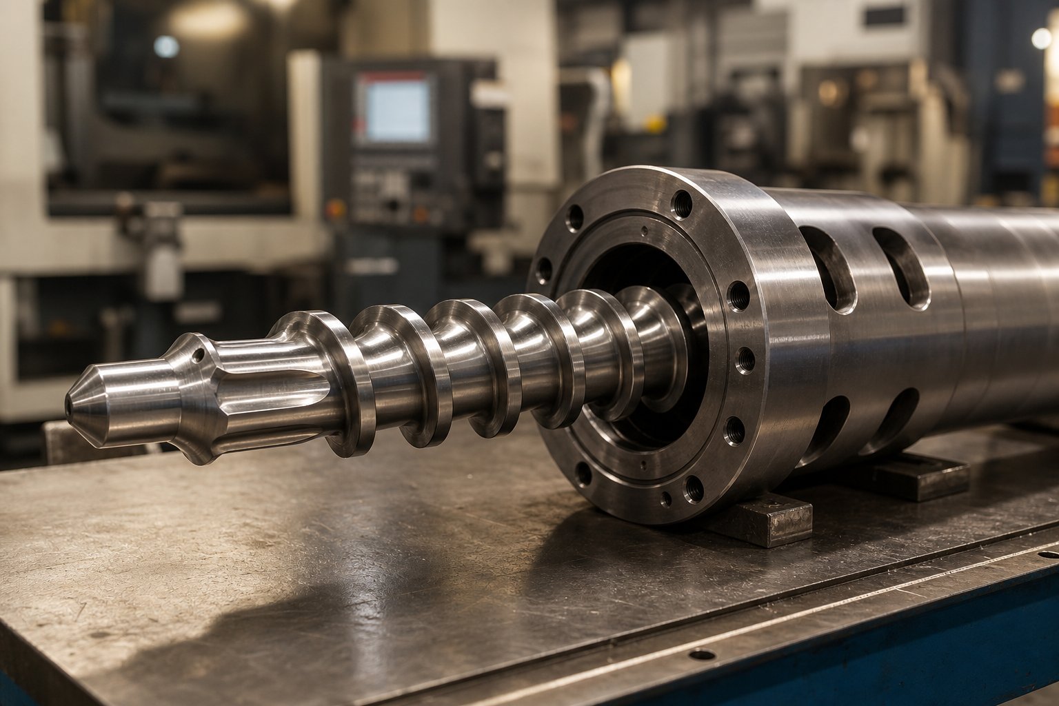precision engineered plasticating screw and barrel assembly ready for quality inspection at a manufacturing facility