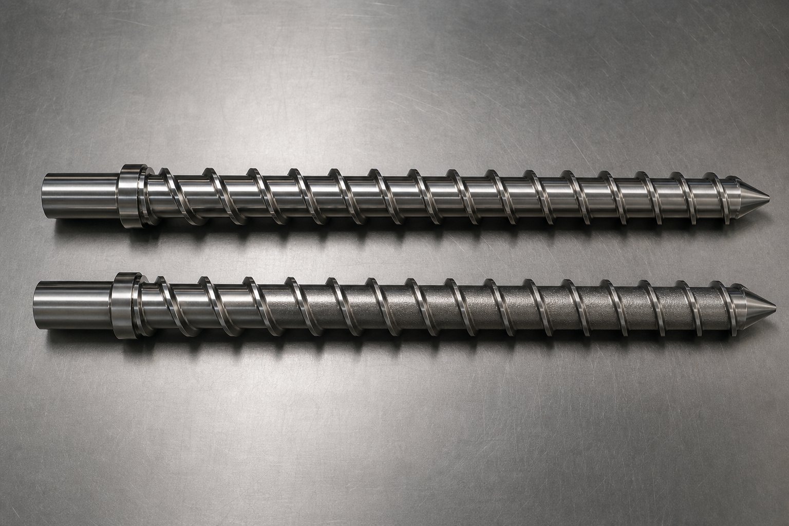 two plasticating screws showing how oem and aftermarket components can appear identical while differing in metallurgy and surface treatment