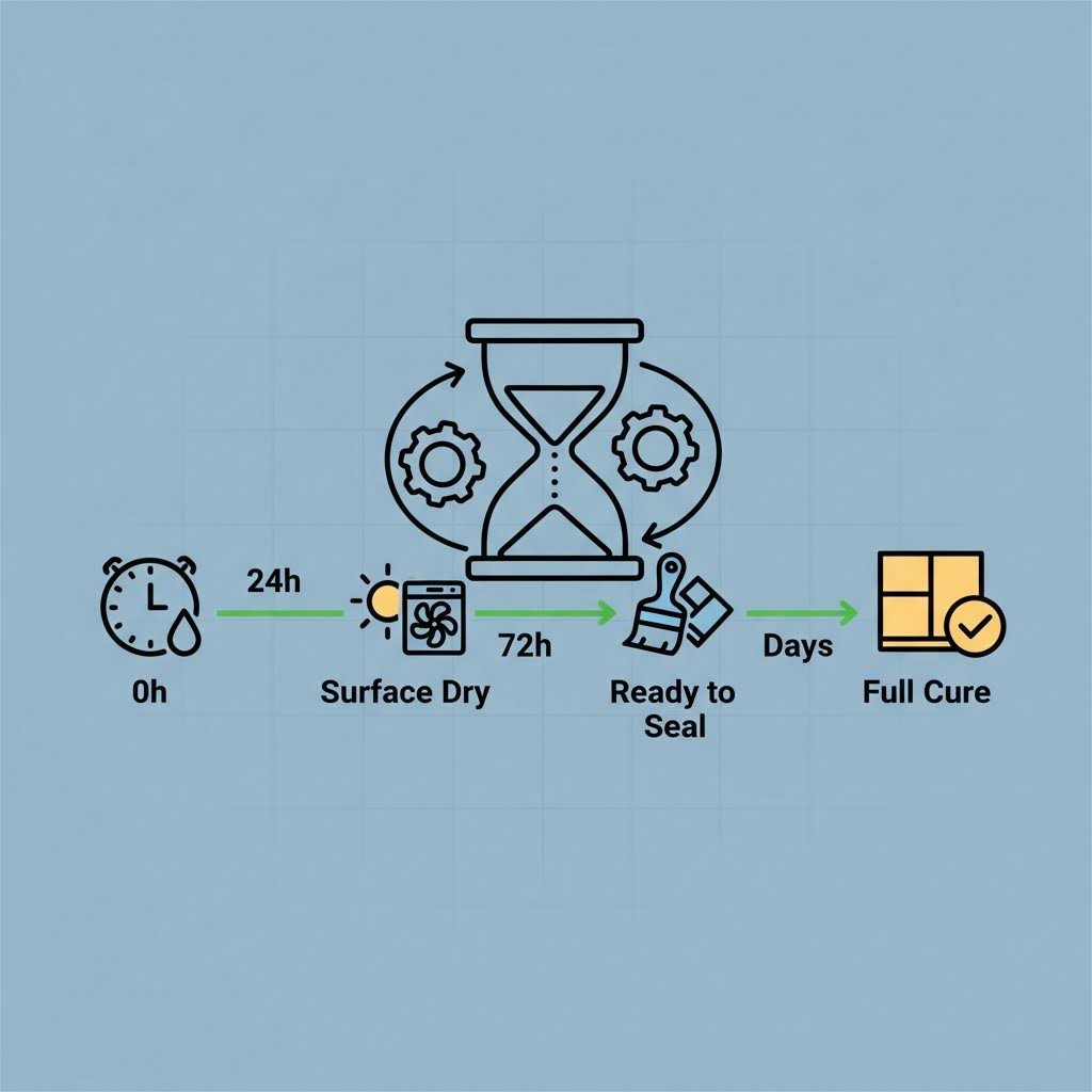 Timeline illustration showing critical waiting periods for grout drying and sealing