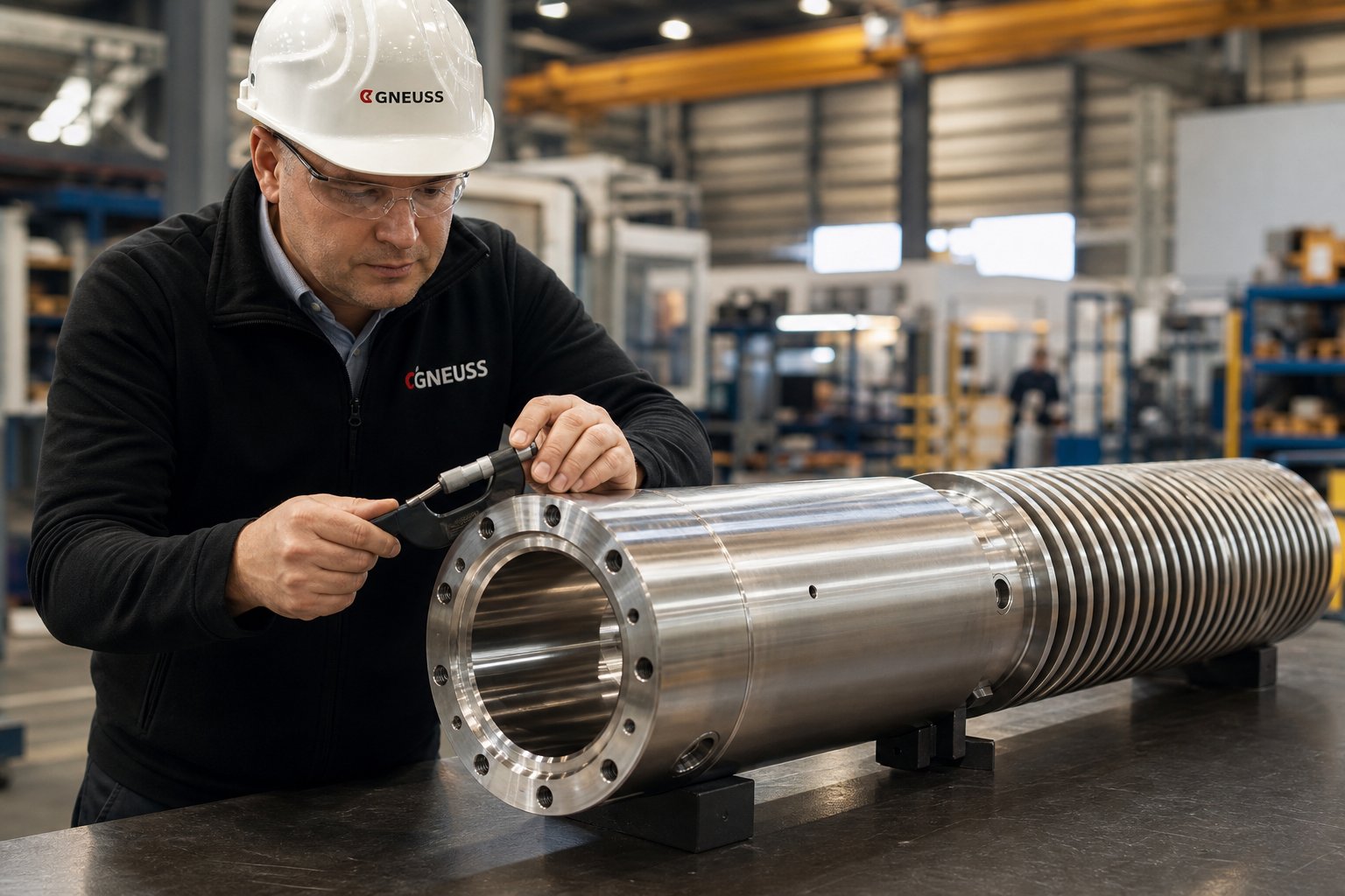 engineer inspecting a precision machined screw barrel assembly %E2%80%94 the critical component at the heart of every extrusion process