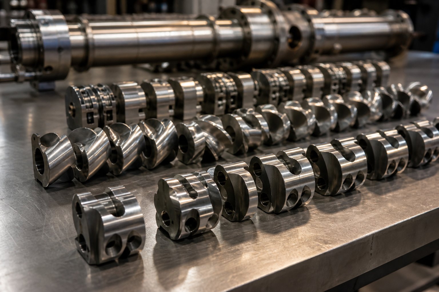 modular twin screw elements including kneading blocks and conveying segments for configurable mixing performance